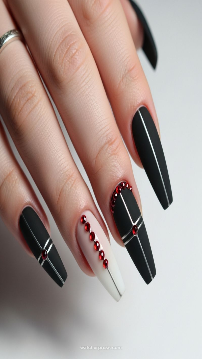 Matte Black Coffin with Gothic Red Rhinestone Cross