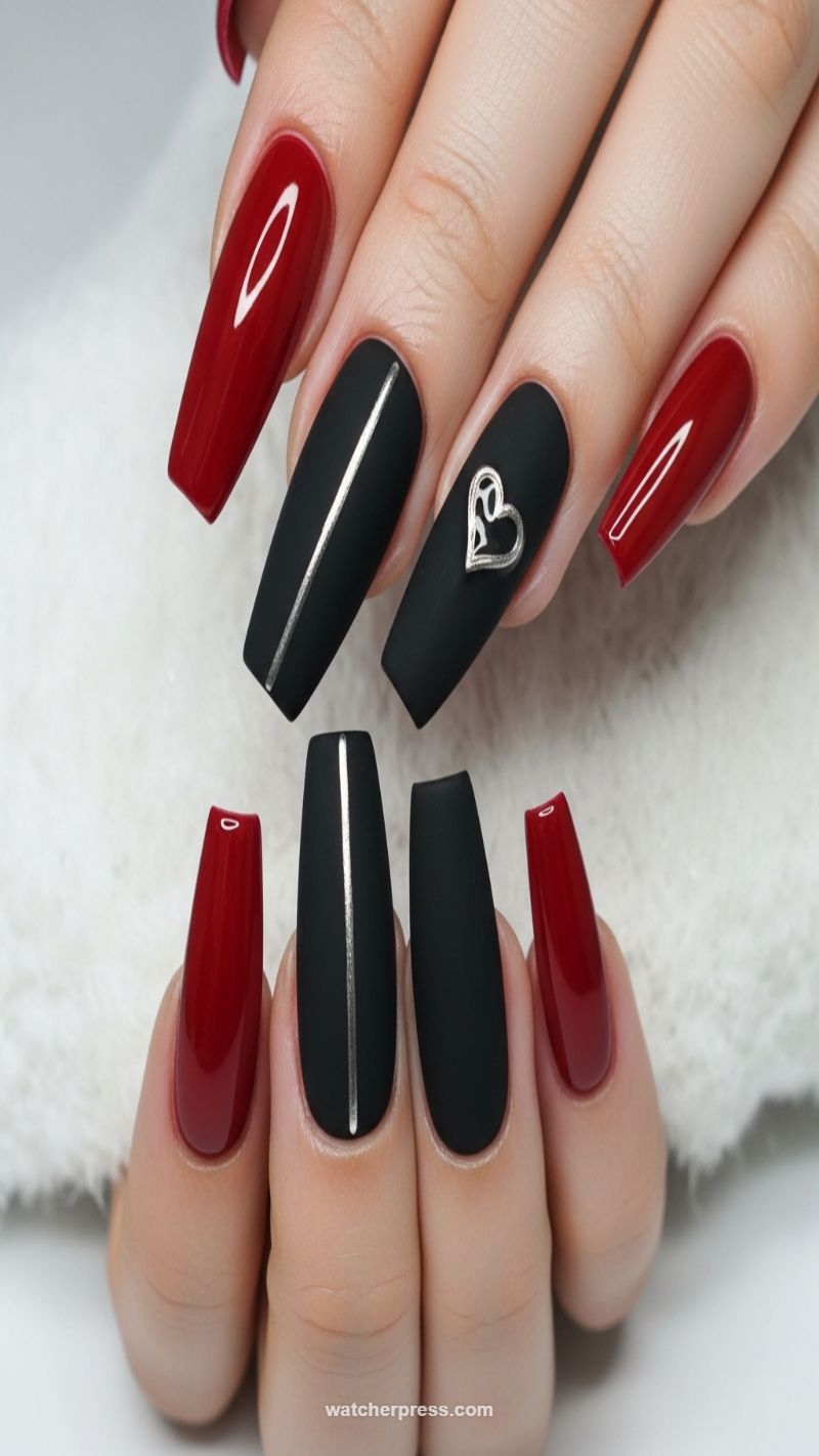 Matte Black & Glossy Red Contrast with 3D Heart Charm