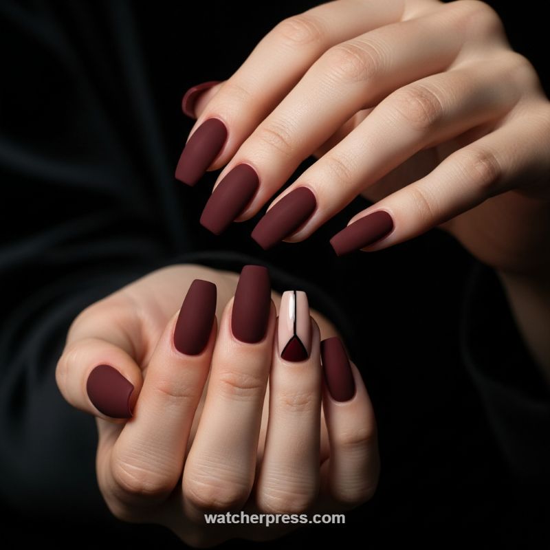 Matte Merlot Elegance: The Geometric V-Cut Accent