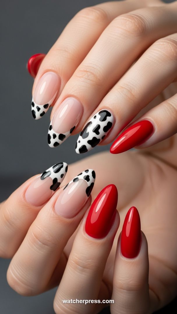 Maximalist Contrast: Strategic Placement of Glossy Red and Modern Cow Print Accents