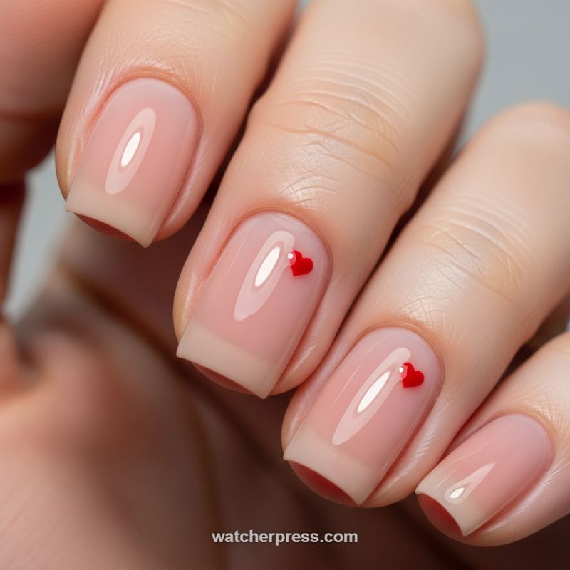 Minimalist Glossy Nude Nails with 3D Heart Accents