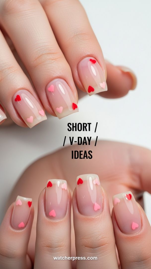 Minimalist Romance: Scattered Pink and Red Heart Decals on a Sheer Nude Base