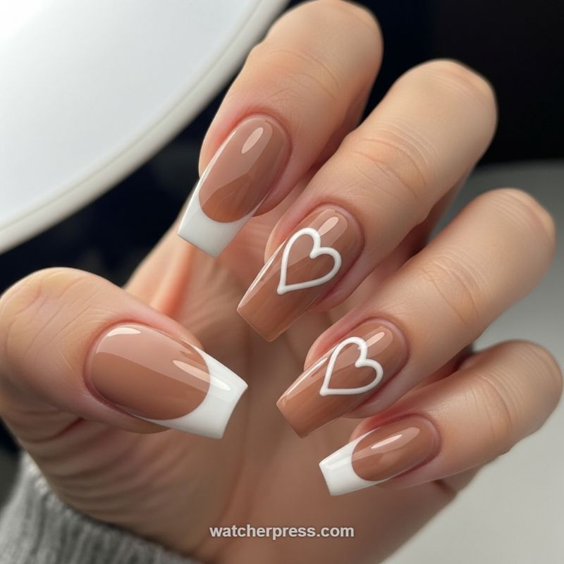 Mocha French Tips with Minimalist White Heart Accents