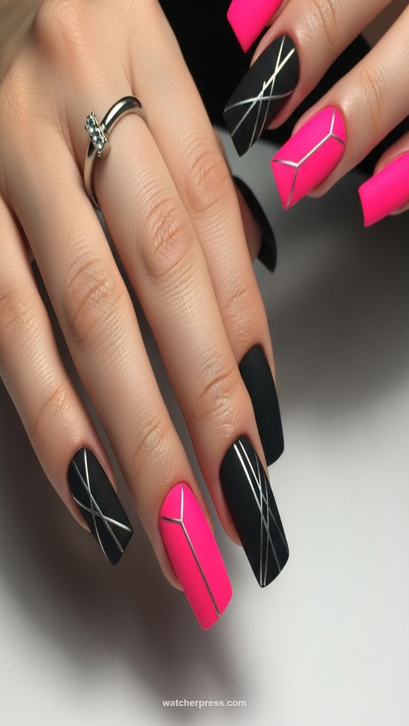 Neon Pink and Matte Black Geometric Abstraction