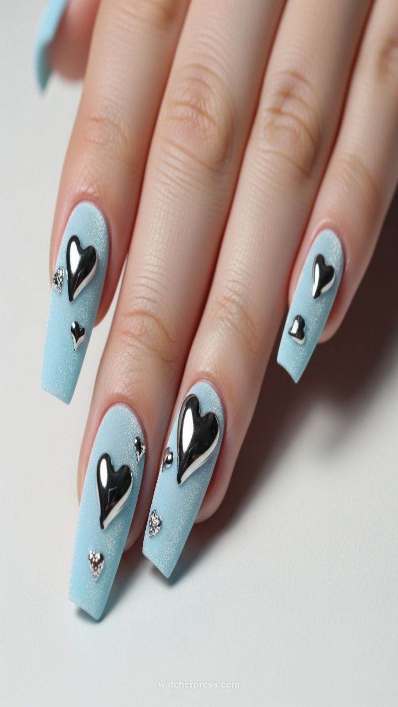 Powder Blue Coffin Nails with Chunky Silver Hearts