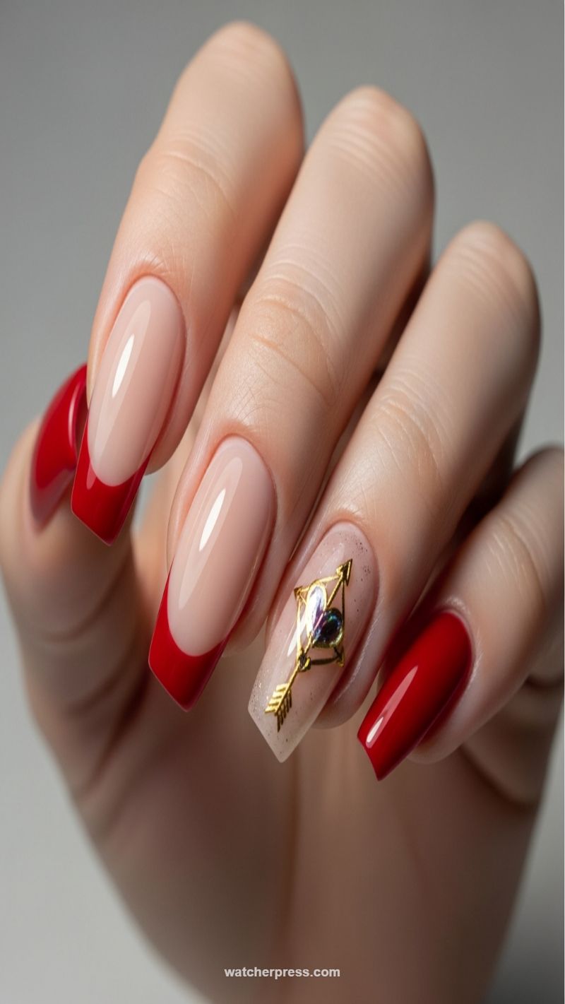 Red French Tip with 3D Cupid's Arrow Charm