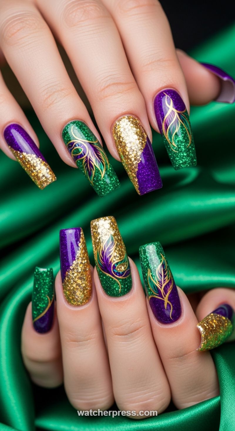 Regal Amethyst and Emerald Glamour: The Feathered Statement Nail
