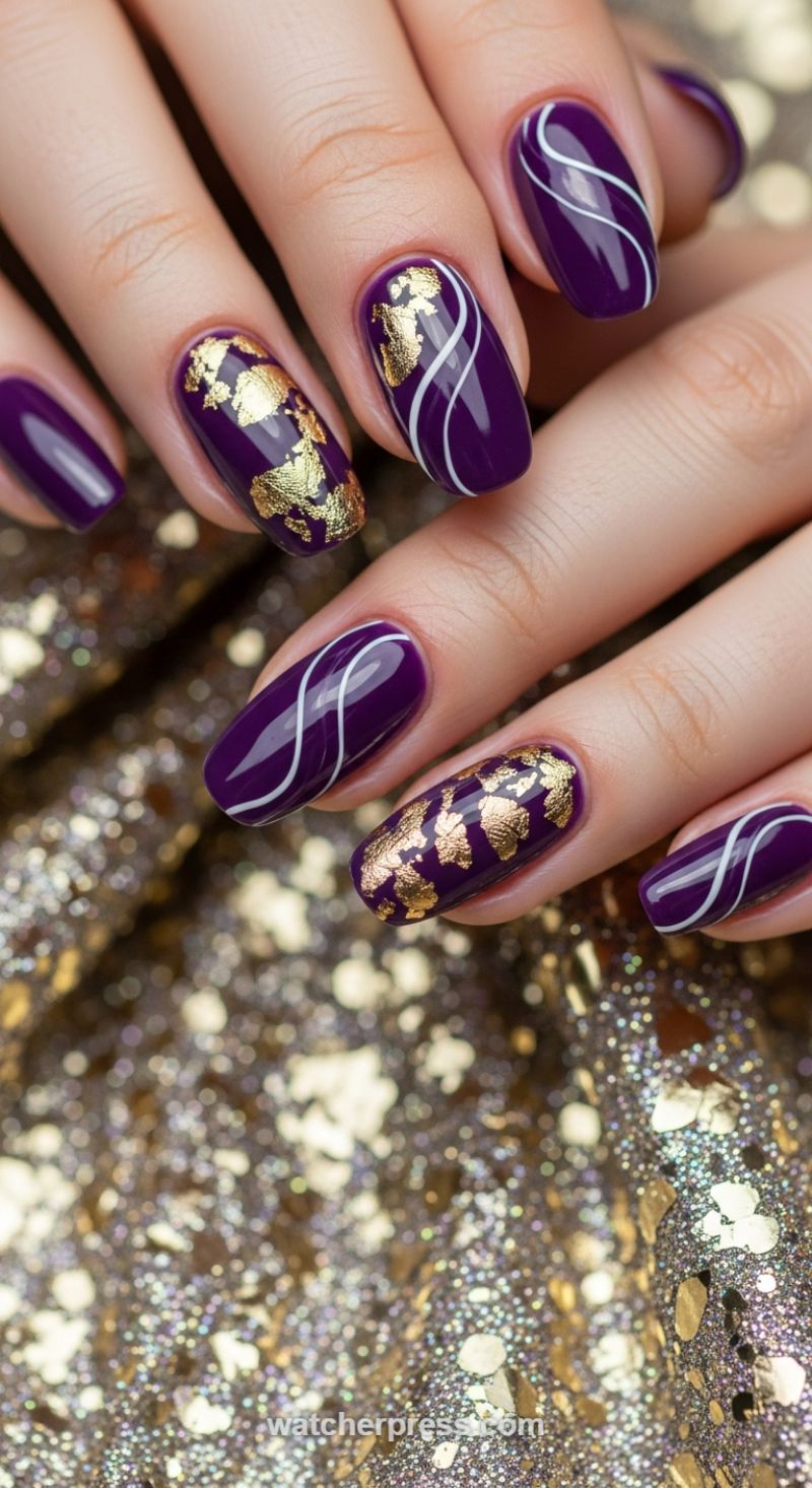 Regal Aubergine and Gold Leaf Accent Manicure