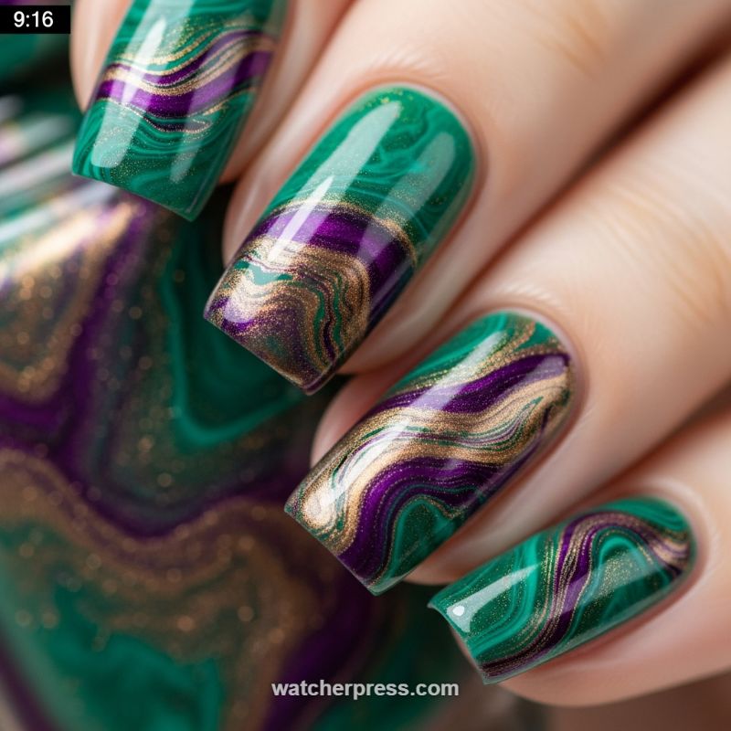 Regal Gemstone Marble Manicure (Mardi Gras Malachite)