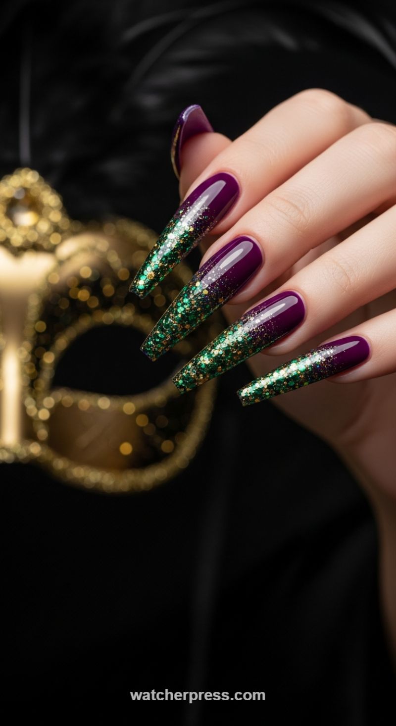 Regal Purple and Emerald Glitter Ombre: A Masquerade Look
