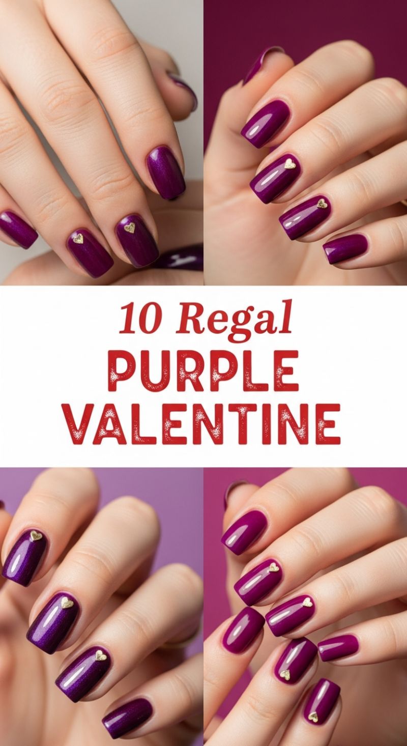 Regal Purple Valentine Manicure: Jewel Tones and Gilded Hearts