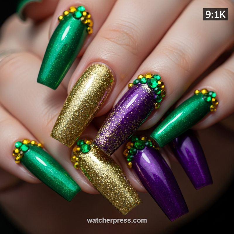 Regal Rhinestone Cuticle Nails: Emerald, Gold, and Amethyst Maximalism