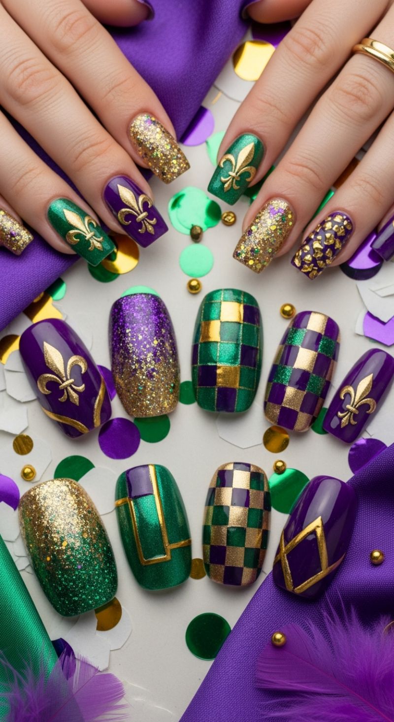 Regal Romance: Opulent Purple, Emerald, and Gold Statement Nails