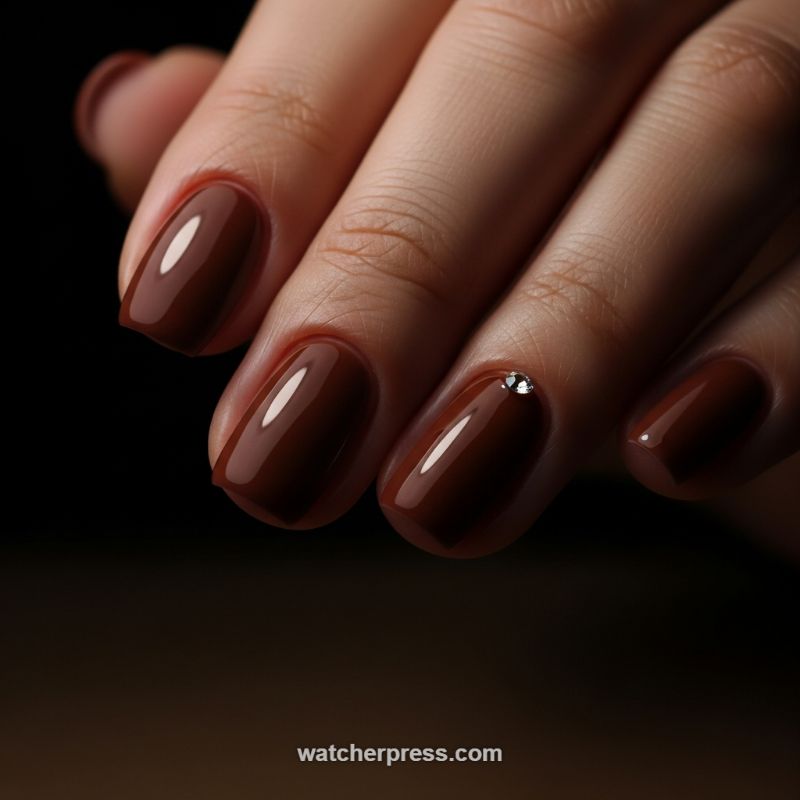 Rich Chocolate Manicure with Subtle Crystal Accent