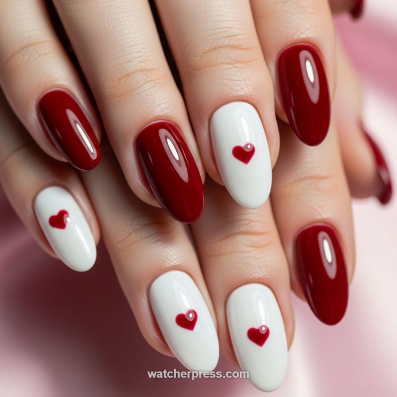 Romantic Contrast: The Deep Red and White Heart Manicure