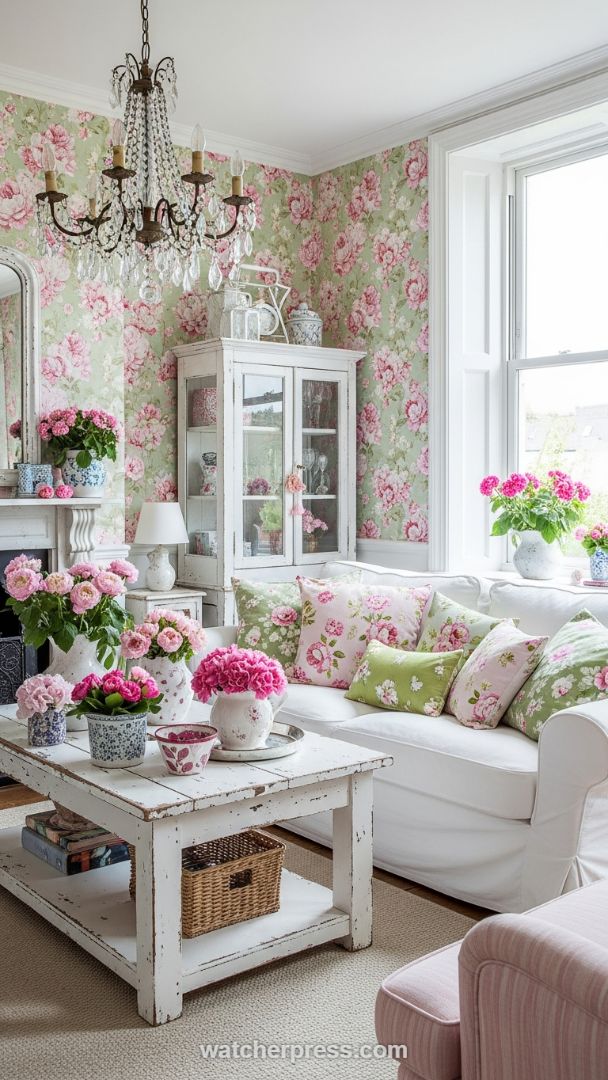 Romantic Grandeur: The Vintage Crystal Chandelier and Distressed Coffee Table Duo