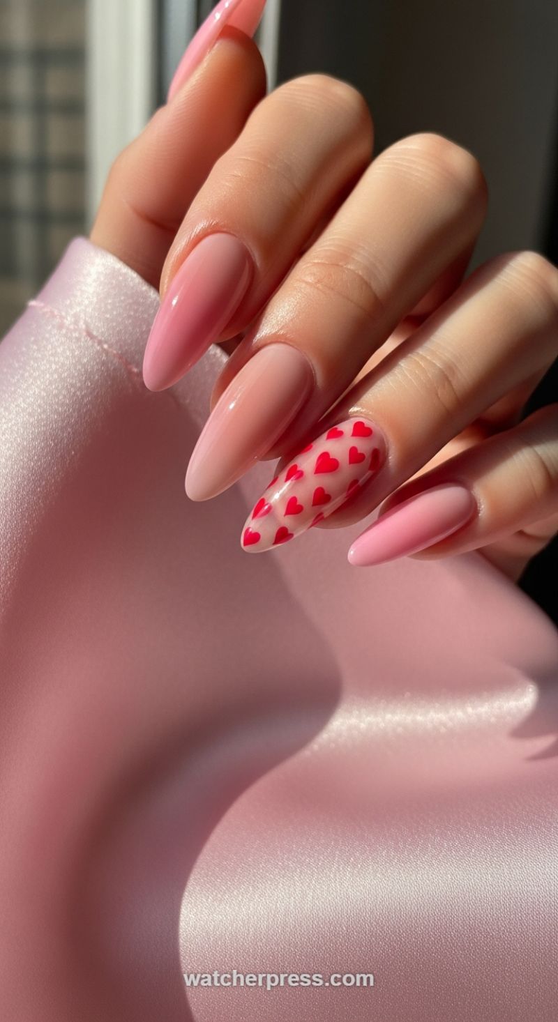 Romantic Pink Ombre Almonds with Jelly Heart Accent