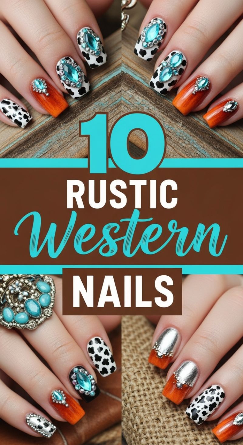 Rustic Western Nails: Cow Print, Turquoise Gems, and Chrome Accents