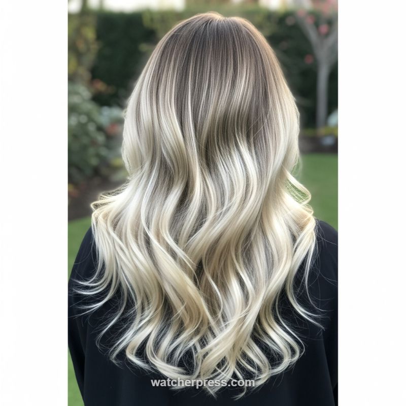 Seamless Shadow Root to Icy Blonde Balayage Waves