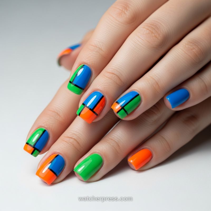 Segmented Color-Block Tips: A Mondrian-Inspired Manicure