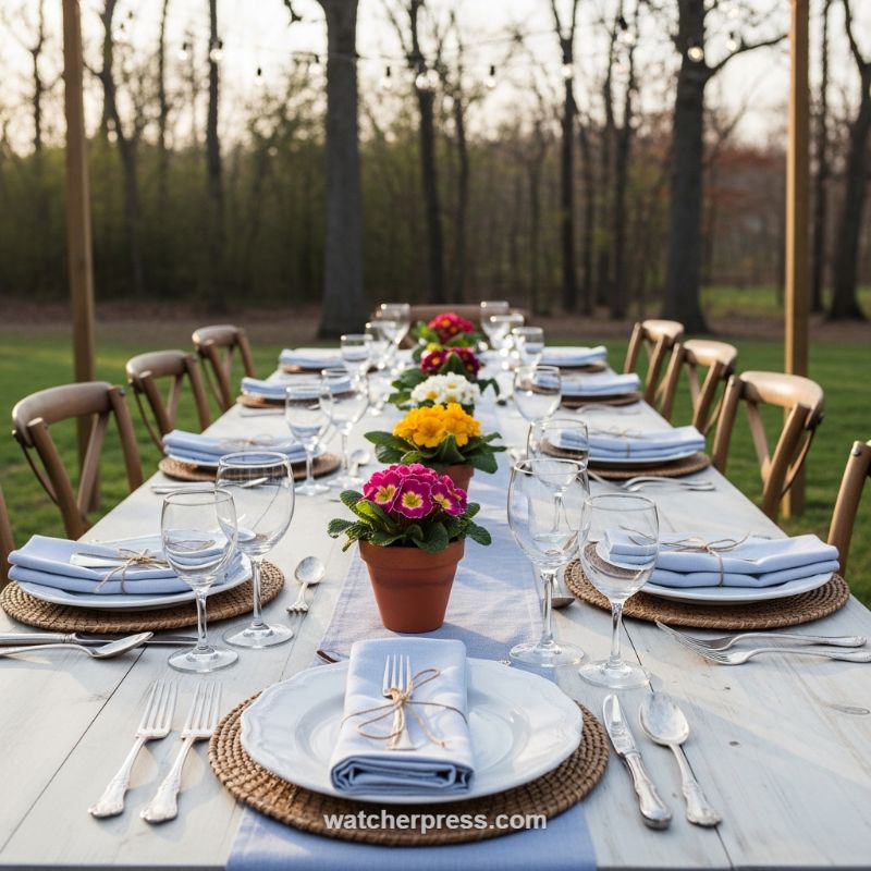 Setting a Rustic Al Fresco Table with Potted Spring Blooms