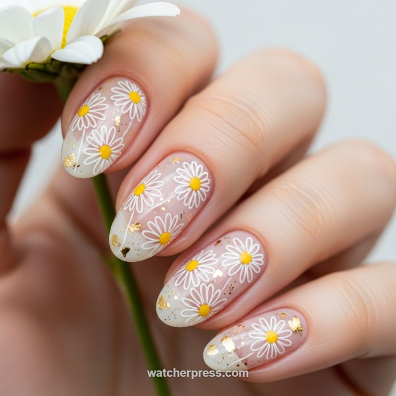 Sheer Daisy Meadow Nails with Gold Foil Accents