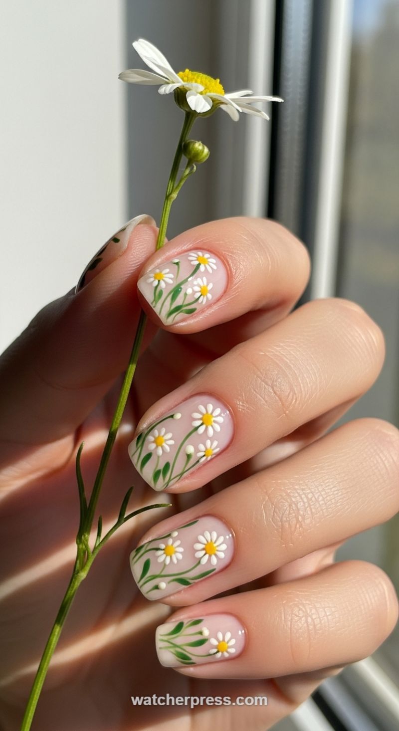 Sheer Field Daisy Nails