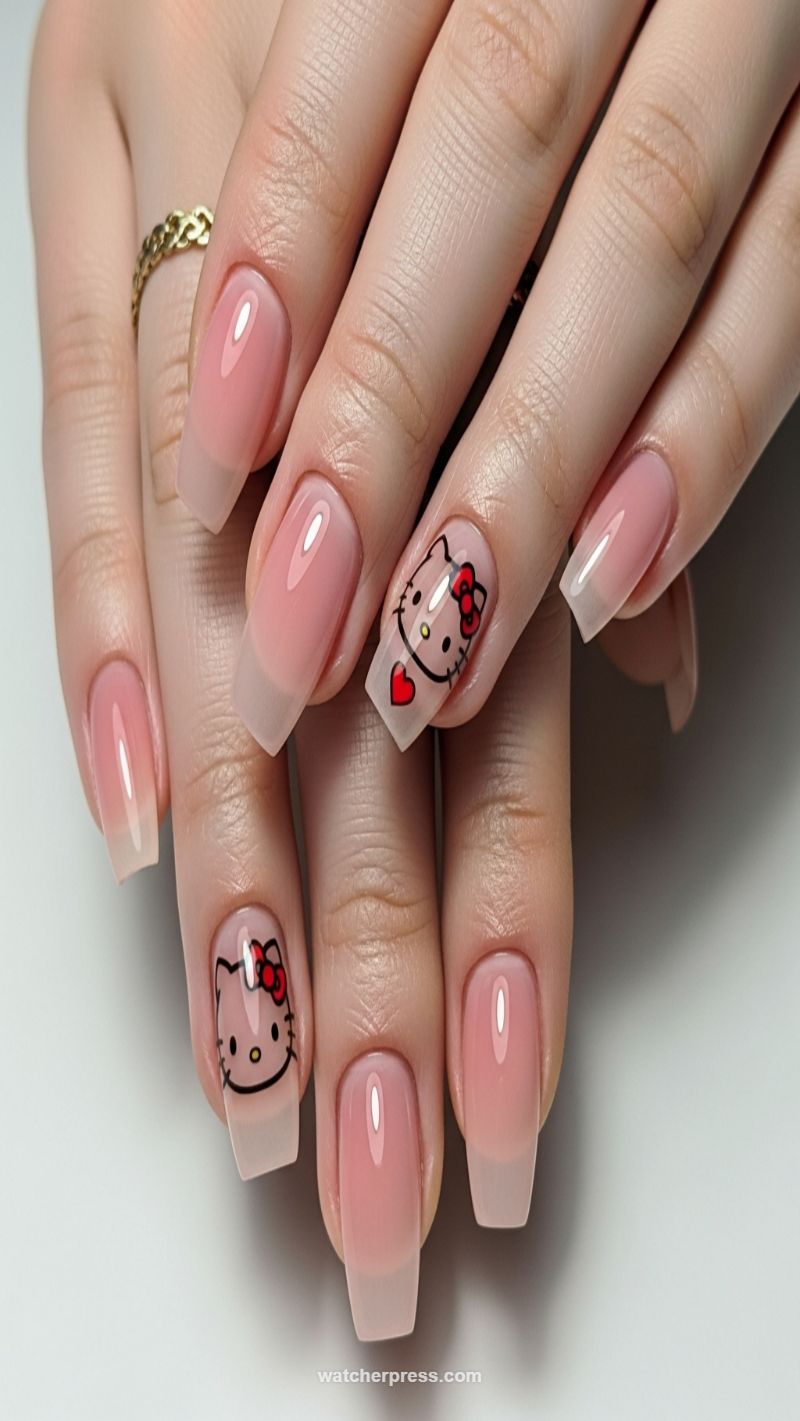 Sheer Pink Ombre with Hello Kitty Decals