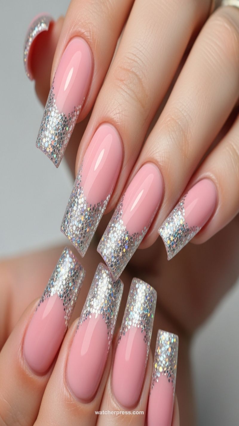 Silver Holographic Glitter V-French Tip