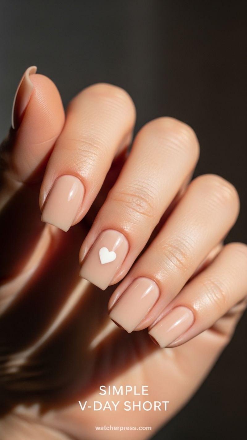 Simple V-Day Short Nails: Nude Base & White Heart Accent