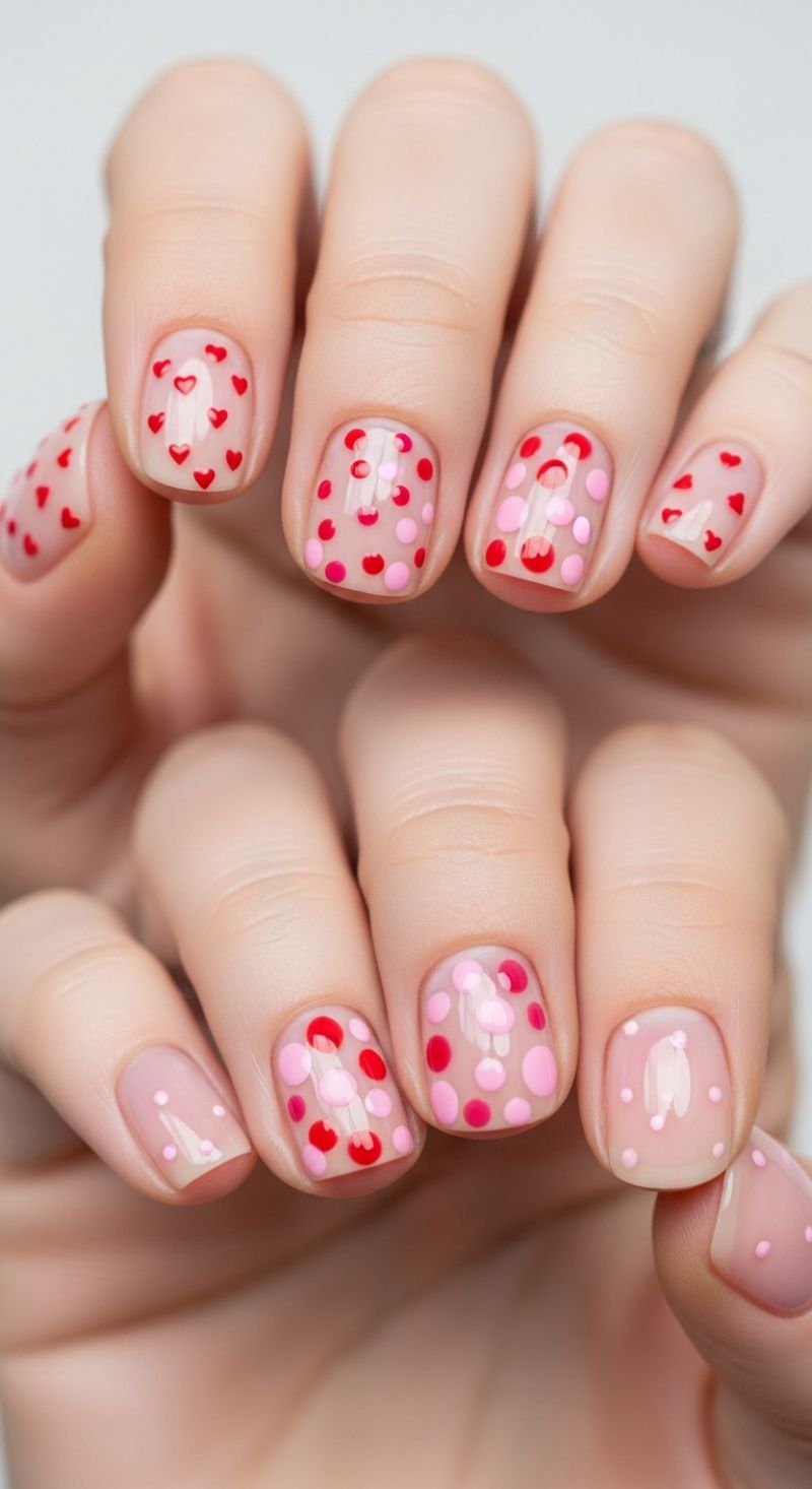 Subtle Sweetheart: Sheer Pink Base with Mixed Heart and Dot Decals