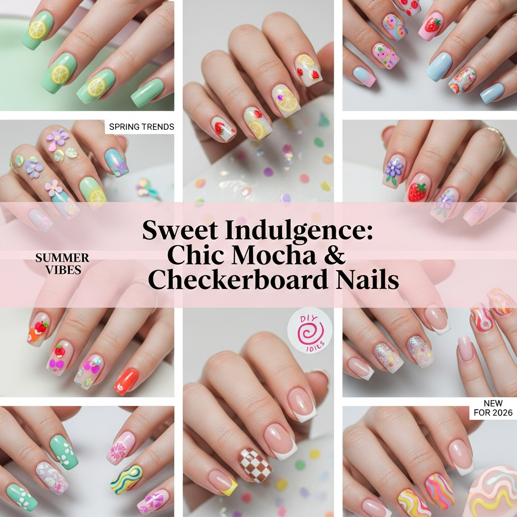 Sweet Indulgence: Chic Mocha & Checkerboard Nails