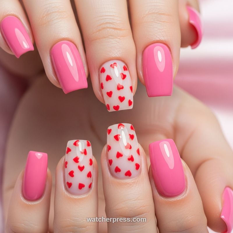 Sweetheart Pink and Scattered Romance Accent Nails