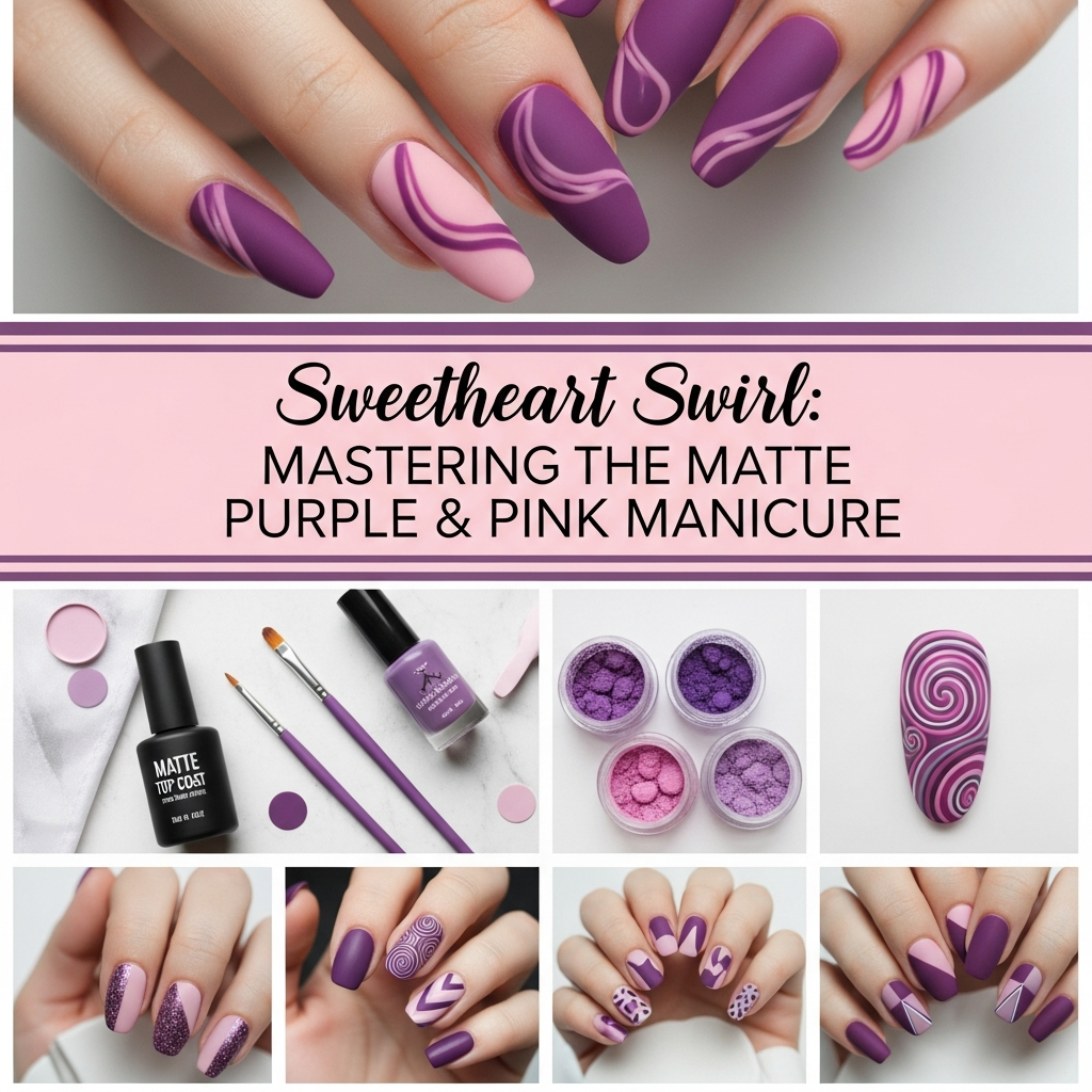 Sweetheart Swirl: Mastering the Matte Purple & Pink Manicure