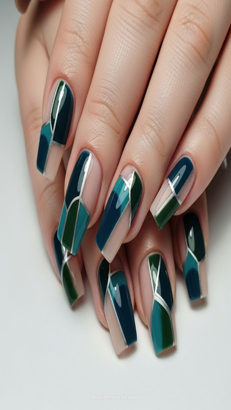 Teal and Green Geometric Color-Blocking