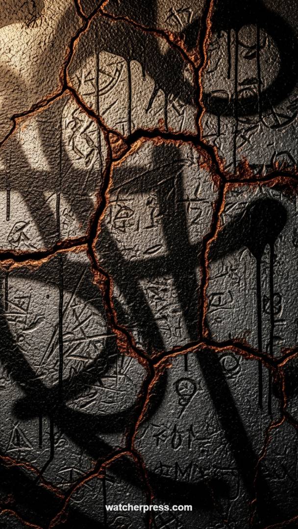 Textured Relic: Industrial Grunge Wallpaper with Ancient Script and Cracked Detail