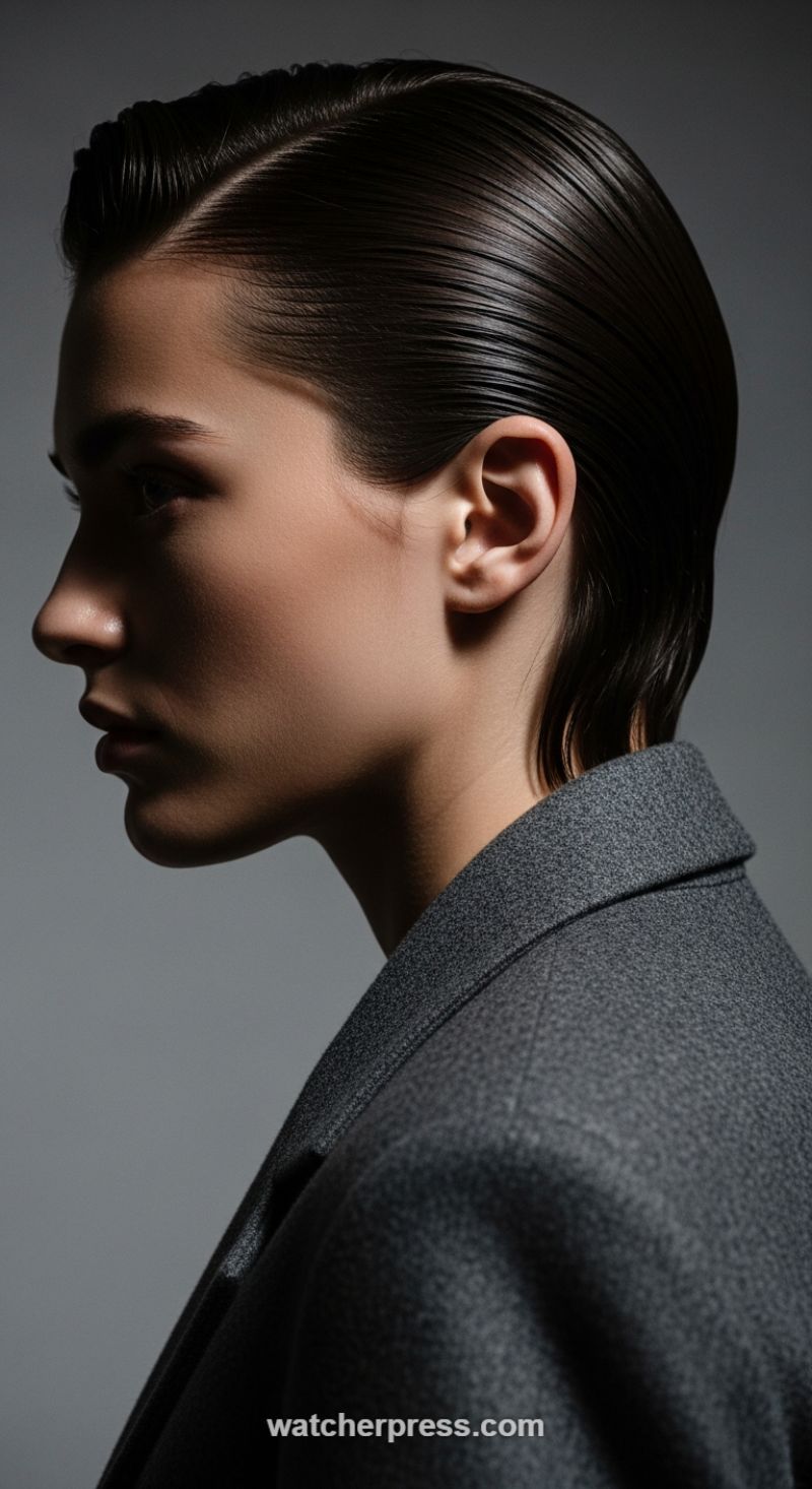 The Architectural Wet Look: High-Gloss Side Part