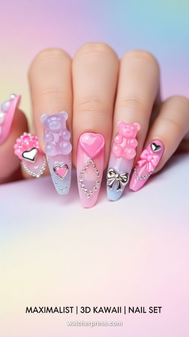 The Art of Adornment: Maximalist 3D Kawaii Nails with Strategic Pastel Gradient Placement