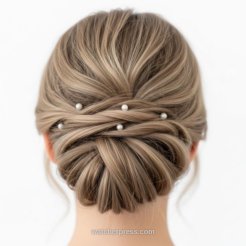 The Elegant Twisted Low Chignon with Pearl Accents
