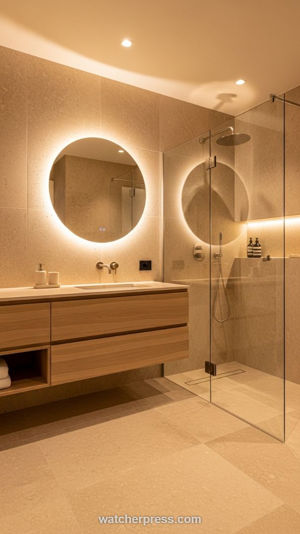 The Halo Effect: Circular LED Mirror and Floating Wood Vanity Combo