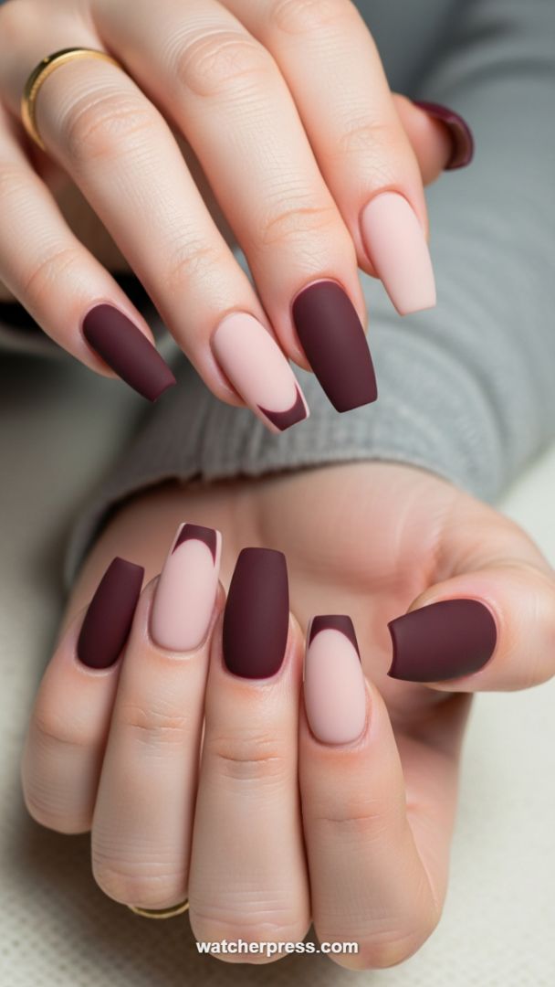 The Luxe Matte Duo: Burgundy and Nude Reverse French Coffin Nails