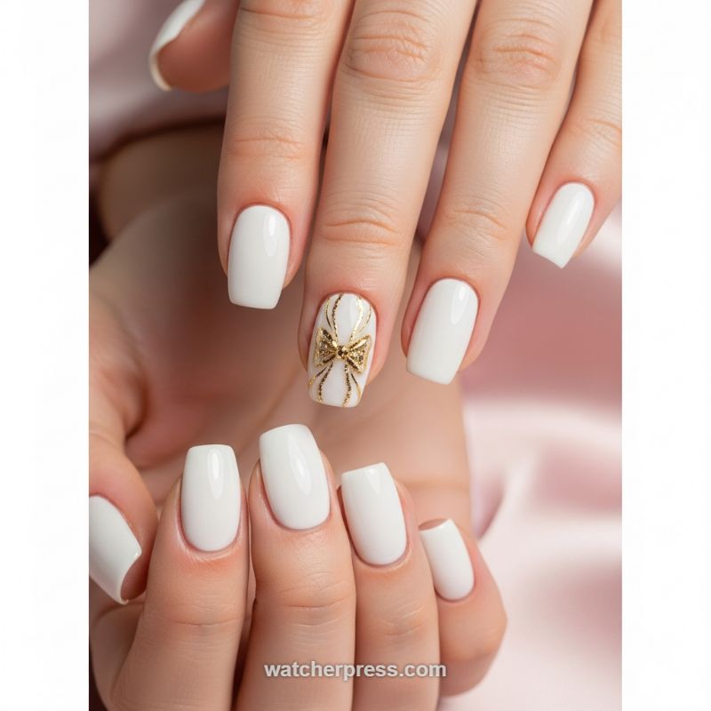 The Luxe Valentine: Winter White Nails with a Gilded Gift Bow