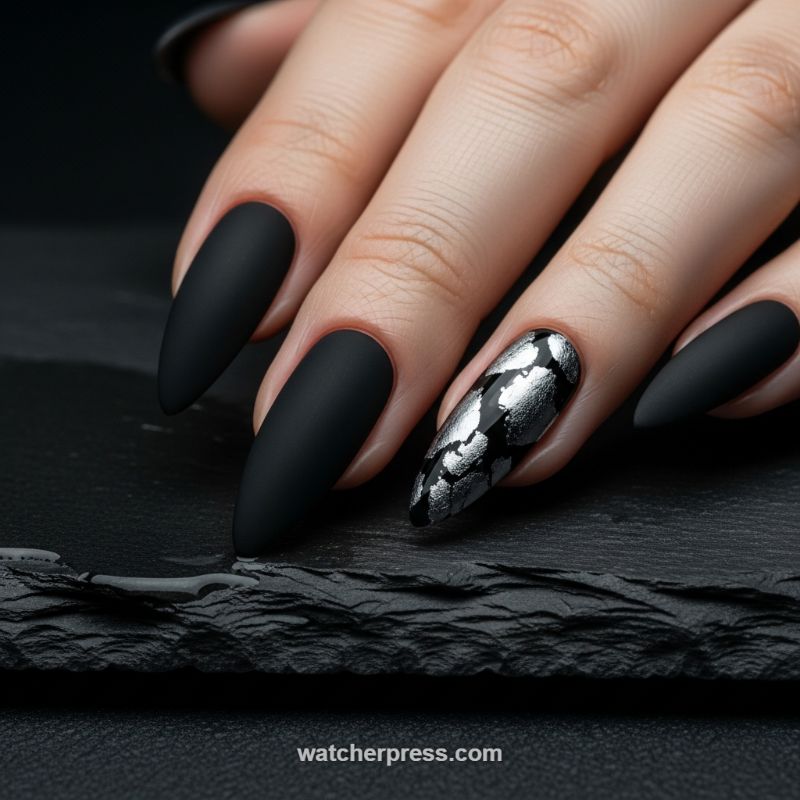 The Matte Black & Molten Silver Foil Contrast Manicure