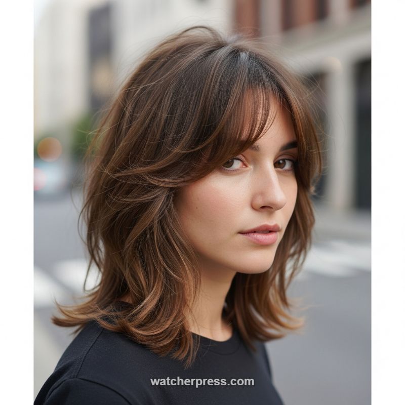The Modern Mid-Length Shag with Soft Curtain Bangs
