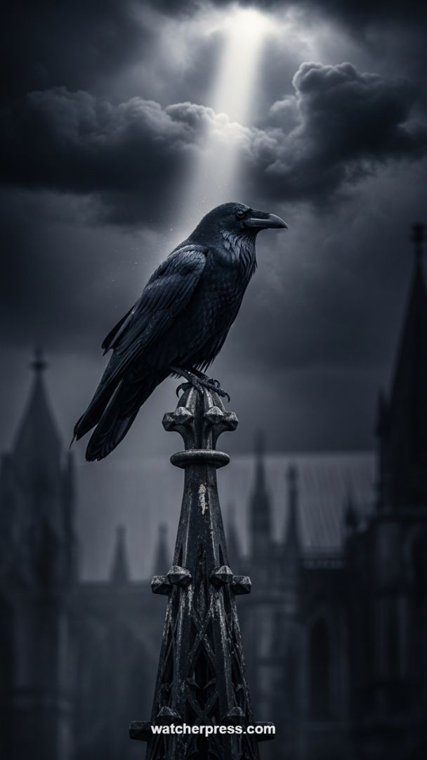 The Mystical Gothcore Trend: Raven and Spire in Dramatic Monochrome