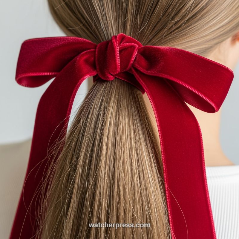 The Polished Ponytail: Velvet Accessories and Natural Shine
