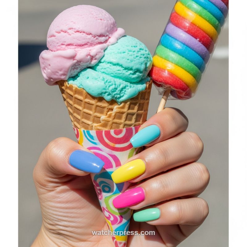 The Rainbow Swirl: A Candy-Coated French Tip Design