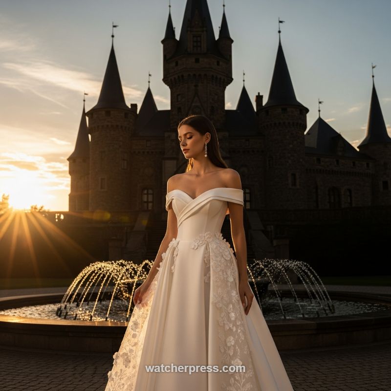 The Regal A-Line: Marrying Structured Satin with Fairytale Appliqué