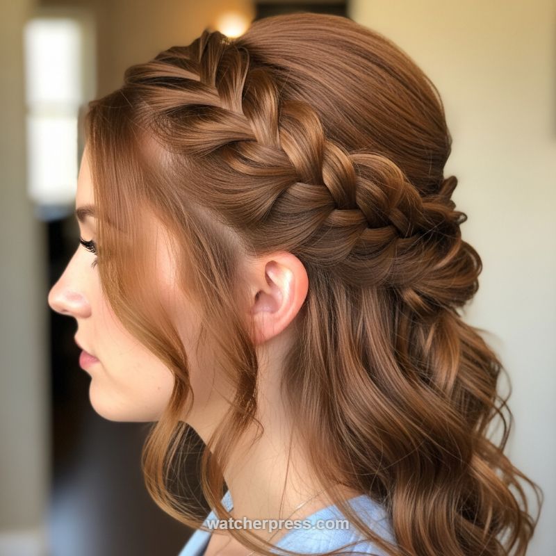 The Romantic Wavy Halo Braid Half-Updo
