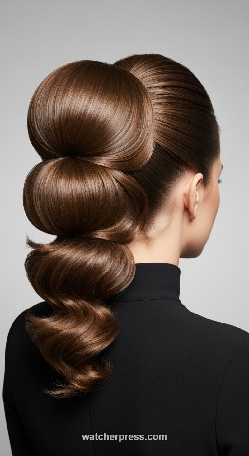 The Sculpted Cascade Updo: Achieving High-Gloss, Vertical Volume